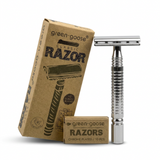 green-goose Classic Razor Set with chrome butterfly-closure razor and two blade boxes