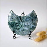 Moonlight Gemstones moss agate crescent moon on stand with blue-green drusy pattern, XL