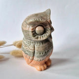 Green Onyx Owl Carving with circular eye detail, approx 10 cm tall.