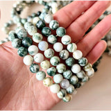 Edelsteen armband mosagaat, 8 mm ronde kralen met groen-witte marmerpatronen