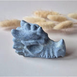 Dragon skull carving in blue aventurine gemstone, 7 cm long, Moonlight Gemstones blue dragon head sculpture