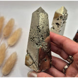 Two Pyrite obelisk towers from Peru, 8–10 cm, druzy metallic sparkle, Moonlight Gemstones