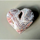 Mexican Crazy Lace Agate heart stone, Moonlight Gemstones, pink and white lace banding