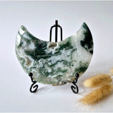 Moss agate crescent moon on stand with green and white druzy pattern; Moonlight Gemstones