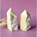Gele onyx toren set van 2 met ruwe zijkant, Moonlight Gemstones, 150–250 g