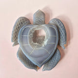 Schildpad van edelsteen, grijze agaat met druzy, 8–12 cm