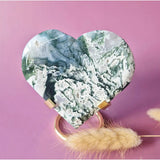 Moonlight Gemstones XL moss agate heart druzy on metal stand, green and white pattern, 223g