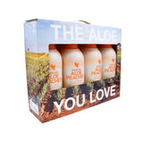 4-pack Forever Aloe Peaches beverages by Forever Living, peach-colored bottles in a box with YOU LOVE text