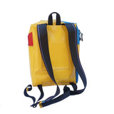 green-goose Rugtas Silnice backpack in yellow with blue side panels and navy straps