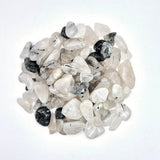 Tourmaline rutilated quartz chips, translucent white with black rutile inclusions, 1–3 cm