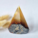 Druzy gray agate standing crystal pyramid with amber-brown base, Moonlight Gemstones, 134g