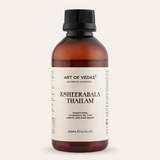 Ksheerabala Thailam oil bottle, amber glass by Art of Vedas Authentic Ayurveda, traditional Ayurvedic oil for joints and pain relief, 200 ml