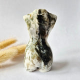 Moss agate woman figurine, 8 cm, hand-carved gemstone sculpture