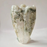 Edelsteen Druzy Mosagaat Engel, Moonlight Gemstones, 15 cm, wit met groene mosagaat-inclusies
