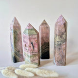 XL Rhodoniet Toren by Moonlight Gemstones, pink and black crystal towers, 4-tower set