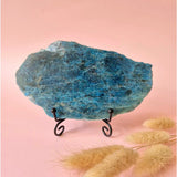 Blue apatite disk on a stand, Moonlight Gemstones, 246g, vibrant blue-green crystal