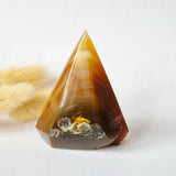 Druzy grey agate standing crystal pyramid with amber bands and rocky base, 86g
