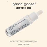 green-goose shaving oil, 30 ml, clear glass bottle with dropper, vegan