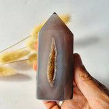 Moonlight Gemstones Druzy Agate Tower from Uruguay #106, 151 g; purple-gray banded geode with cavity