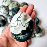 Mosagaat Palmsteen, edelsteen, 6–8 cm, met groene bandpatronen op witte en donkere basiskleuren