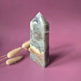 XL labradorite tower with orange flash, purple rainbow hues