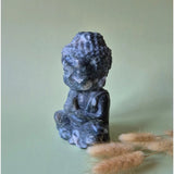 XL druzy moss agate Buddha statue, 14 cm tall, blue-grey stone, Moonlight Gemstones