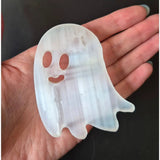 Moonlight Gemstones Halloween Selenite ghost carving, flat milky white crystal, 75mm