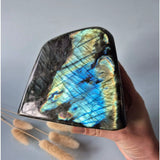 XXL Labradorite freeform gemstone with vivid blue-green iridescence, polished finish, handheld display piece