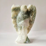 Moss agate druzy angel sculpture by Moonlight Gemstones, 15 cm tall, 559 g