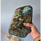 XXL Labradorite freeform gemstone by Moonlight Gemstones, intense iridescent blue-green flash, 3351g