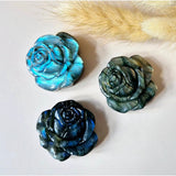 Labradorite rose carvings with flash, blue-green iridescence; set of 3, each about 3.7 cm