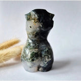 Moss agate female figurine, 8 cm, hand-polished gemstone carving