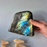 Labradoriet freeform steen XXL 1469g van Moonlight Gemstones met intense blauw-groene iriserende glans.