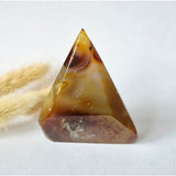 Druzy gray agate standing crystal pyramid with amber-brown tones, 142g