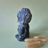 XL Druzy Moss Agate Buddha statue, blue-grey drusy surface, 14 cm tall.