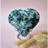 Moonlight Gemstones Edelsteen Druzy Mosagaat hartvorm op metalen standaard, groen-wit patroon, 230 g