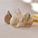 Smoky Quartz Flame crystals, set of 5 teardrop stones, translucent smoky to clear, about 6–8 cm