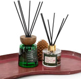 Home Bound Scent Junkie Noël 100ml Winter Spice reed diffuser set, two diffusers, green bottle with wooden cap and clear bottle.