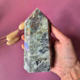 XL Labradorite tower with purple-orange iridescence and rainbow flash, 579g
