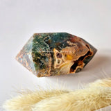 Moonlight Gemstones Rode mosagaat dubbele punt toren wand; groen-bruin-oranje tinten