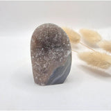 Druzy gray agate freeform standing crystal with sparkling surface, 97g