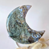 Moss Agate Moon on Stand XL by Moonlight Gemstones, druzy patterns, 13 cm