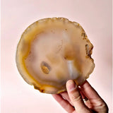 Edelsteen Druzy Agaat schijf op standaard, circa 11–14 cm, caramel- en ivoorkleurige banding met randen