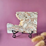 Crazy Lace Agate slab on black metal stand; white, pink and brown lace banding, 208g.