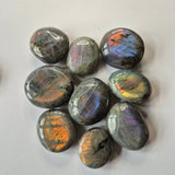 Labradorite palm stones, small tumbled pieces with orange-purple iridescence, set of 10.