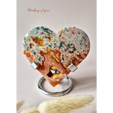 Wenskaart Thinking of you card featuring red moss agate heart on metal stand by Moonlight Gemstones
