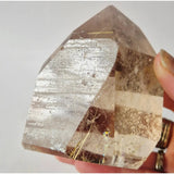 Lemurian Smoky Quartz with Golden Rutile punt, 401g, Brazil crystal