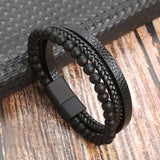 Armband van gevlochten leer en zwarte agaat - Mannelijke look