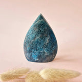 Moonlight Gemstones blue apatite teardrop-shaped standing crystal.