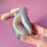 Druzy gray agate teardrop crystal geode with sparkling interior